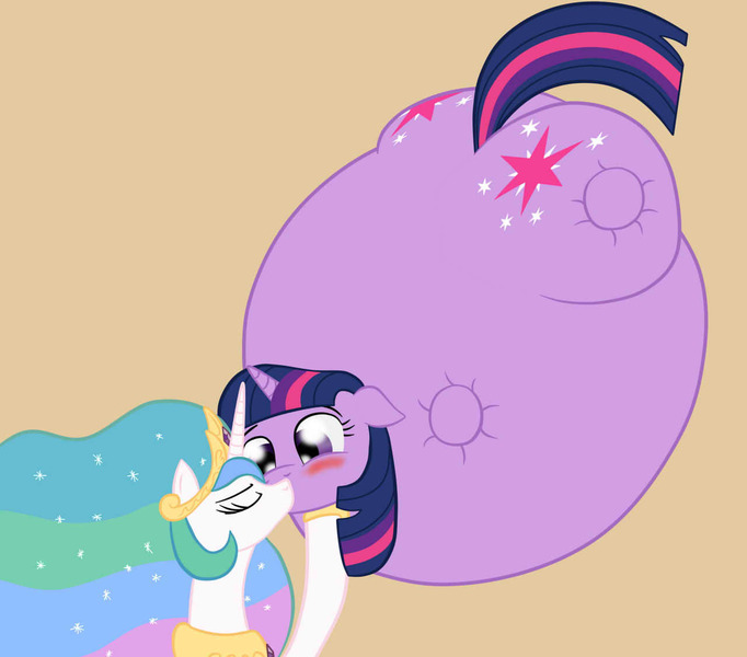 Size: 1280x1126 | Tagged: artist:8aerondight8, blushing, derpibooru import, female, floppy ears, inflation, kiss inflation, kissing, lesbian, princess celestia, puffkiss, safe, shipping, twilestia, twilight sparkle