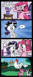 Size: 1000x2360 | Tagged: suggestive, artist:daniel-sg, derpibooru import, fluttershy, pinkie pie, rarity, bird, chicken, earth pony, pegasus, pony, unicorn, 4koma, :<, :o, animal, bait and switch, bipedal, comic, eyes closed, female, floppy ears, frown, glare, hen, innuendo, mare, open mouth, pun, question mark, rooster, smiling, wat, wide eyes