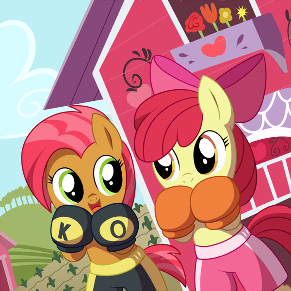 Size: 1200x1200 | Tagged: safe, artist:madmax, derpibooru import, apple bloom, babs seed, pony, bipedal, boxer, boxing, boxing gloves, clothes, cousins, duo, shorts, sweet apple acres