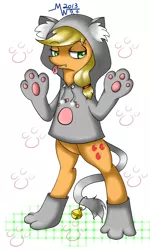 Size: 600x1000 | Tagged: safe, artist:caiyunlai, derpibooru import, applejack, cat, pony, applecat, bipedal, clothes, pajamas, pixiv, solo, tongue out