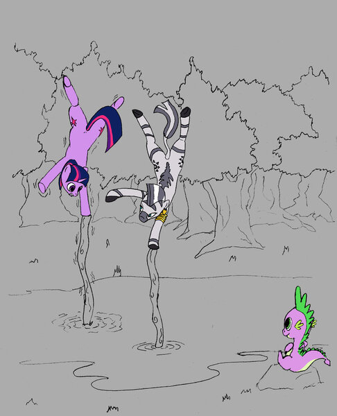 Size: 804x993 | Tagged: safe, artist:alloco, derpibooru import, spike, twilight sparkle, zecora, dragon, pony, unicorn, zebra, balancing, everfree forest, female, forest, handstand, mare, partial color, pond, quadrupedal, scene interpretation, star wars, upside down, water