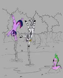 Size: 804x993 | Tagged: safe, artist:alloco, derpibooru import, spike, twilight sparkle, zecora, dragon, pony, unicorn, zebra, balancing, everfree forest, female, forest, handstand, mare, partial color, pond, quadrupedal, scene interpretation, star wars, upside down, water