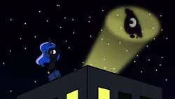 Size: 1280x720 | Tagged: safe, artist:secret-asian-man, derpibooru import, princess luna, alicorn, pony, ask the princess of night, bat signal, batman, building, cutie mark, female, frown, glare, mare, mask, night, serious, serious face, sitting, sky, solo, stars