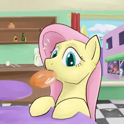 Size: 1800x1800 | Tagged: artist:pashoo, bagel, derpibooru import, fluttershy, food, mouth hold, safe, solo, table