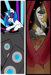 Size: 685x999 | Tagged: safe, artist:fox-artist13, derpibooru import, octavia melody, vinyl scratch, bookmark, rose, stage, turntable