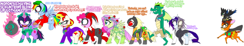 Size: 3009x577 | Tagged: suggestive, artist:terry, derpibooru import, applejack, fluttershy, garble, pinkie pie, rainbow dash, rarity, spike, sunset shimmer, twilight sparkle, twilight sparkle (alicorn), alicorn, dragon, pony, bambi, bane, batman, beagle boys, crossover, dc comics, disney, female, harley quinn, killer croc, mane seven, mane six, mare, nopony is having sex meme, poison ivy, robin, the joker, the riddler, two-face, vulgar