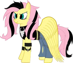 Size: 1357x1172 | Tagged: artist:raven-kipper, chains, clothes, demon hunter, derpibooru import, emoshy, eyeliner, fluttershy, jeans, metal, metalshy, pants, ripped jeans, safe, solo, spiked wristband, tattoo