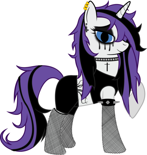 Size: 819x865 | Tagged: safe, artist:raven-kipper, derpibooru import, rarity, pony, unicorn, choker, clothes, cross, ear piercing, eyeliner, fishnets, hair over one eye, lidded eyes, looking at you, makeup, metal, piercing, raised hoof, running makeup, simple background, smiling, solo, spiked choker, spiked wristband, stockings, tattoo, thigh highs, transparent background