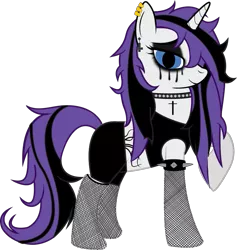 Size: 819x865 | Tagged: safe, artist:raven-kipper, derpibooru import, rarity, pony, unicorn, choker, clothes, cross, ear piercing, eyeliner, fishnets, hair over one eye, lidded eyes, looking at you, makeup, metal, piercing, raised hoof, running makeup, simple background, smiling, solo, spiked choker, spiked wristband, stockings, tattoo, thigh highs, transparent background