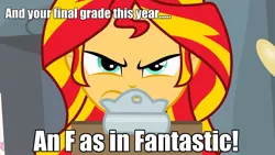 Size: 1024x576 | Tagged: safe, derpibooru import, sunset shimmer, equestria girls, angry, caption, clipboard, image macro, meme, solo
