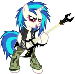 Size: 3497x3424 | Tagged: safe, artist:sulyo, derpibooru import, vinyl scratch, pony, bipedal, camo pants, guitar, metal, piercing, sabaton, solo, spiked wristband