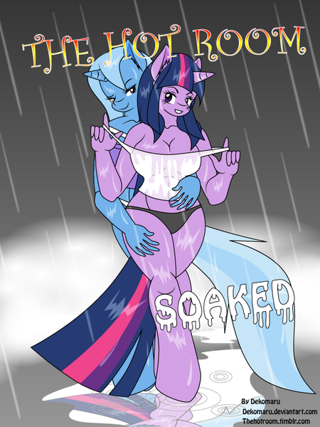 Size: 600x800 | Tagged: anthro, artist:dekomaru, breasts, busty twilight sparkle, comic, comic:soaked, cover, derpibooru import, explicit source, female, lesbian, shipping, suggestive, trixie, twilight sparkle, twixie, wet, wet clothes, wet shirt