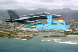 Size: 900x598 | Tagged: artist:cplhenderson, derpibooru import, f/a-18 hornet, fighter, flying, irl, jet, jet fighter, military, oahu, photo, plane, ponies in real life, race, rainbow dash, rcaf, rimpac 2006, royal canadian air force, safe