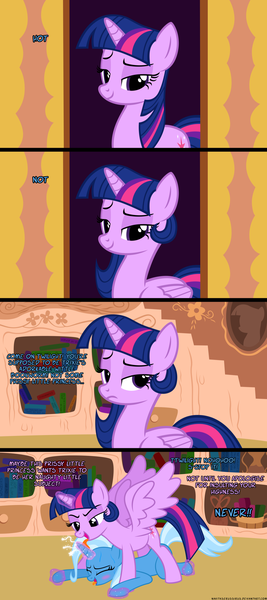Size: 1280x2880 | Tagged: questionable, artist:navitaserussirus, derpibooru import, trixie, twilight sparkle, twilight sparkle (alicorn), alicorn, pony, alternate hairstyle, bedroom eyes, blushing, bondage, comic, dialogue, eyes closed, female, femdom, femsub, frown, golden oaks library, horn licking, hornboner, horngasm, hornjob, lesbian, library, licking, magic, magical bondage, magical stimulation, magical unicorn mayonnaise, makeover, mare, open mouth, orgasm, portrait, prone, restrained, shipping, smiling, spread wings, submissive, teasing, the weak and powerless trixie, tickling, tongue out, twidom, twixie, unamused, wingboner