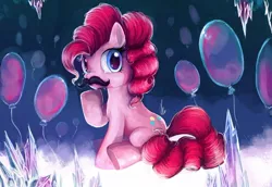 Size: 1280x879 | Tagged: safe, artist:r0b0tassassin, derpibooru import, pinkie pie, earth pony, pony, balloon, crystal, looking at you, looking back, looking back at you, moustache, solo