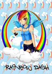 Size: 707x1000 | Tagged: artist:yutaki, belly button, derpibooru import, human, humanized, midriff, pixiv, rainbow dash, safe, solo, winged humanization