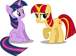 Size: 7402x5485 | Tagged: safe, artist:austiniousi, derpibooru import, sunset shimmer, twilight sparkle, pony, absurd resolution, alternate hairstyle, pouting, simple background, transparent background, vector