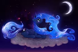 Size: 3200x2133 | Tagged: artist:shaadorian, cloud, crescent moon, derpibooru import, galaxy mane, night, princess luna, prone, safe, solo, stars