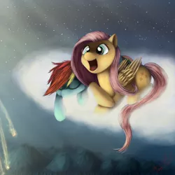 Size: 1200x1200 | Tagged: artist:miokomata, cloud, derpibooru import, fireworks, fluttershy, night, rainbow dash, safe