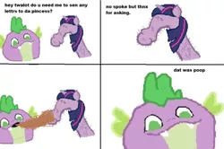 Size: 500x332 | Tagged: derpibooru import, dolan, meme, poop, safe, spike, spoke, stylistic suck, twalot spakl, twilight sparkle