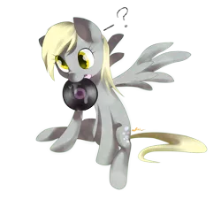 Size: 1889x1771 | Tagged: safe, artist:affanita, derpibooru import, derpy hooves, pegasus, pony, drool, female, mare, mouth hold, question mark, record, solo