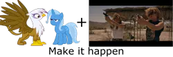 Size: 1500x500 | Tagged: safe, derpibooru import, gilda, trixie, gryphon, exploitable meme, glixie, interspecies, make it happen, meme, thelma and louise