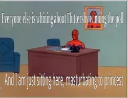 Size: 469x359 | Tagged: 60s spider-man, barely pony related, derpibooru import, desk, female, fluttershy, implied masturbation, incest, lesbian, male, meme, princest, shipping, solo, spider-man, suggestive, text