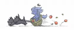 Size: 1800x733 | Tagged: safe, artist:onkelscrut, derpibooru import, princess luna, alicorn, dog, pony, scottish terrier, action pose, apple, basket, filly, food, image, jpeg, riding, simple background, white background, woona, younger