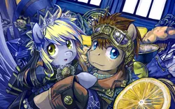 Size: 1280x800 | Tagged: safe, artist:saturnspace, derpibooru import, derpy hooves, doctor whooves, time turner, earth pony, pegasus, pony, doctor who, doctorderpy, female, food, hat, lemon, letter, mailbag, male, mare, muffin, shipping, stallion, straight, tardis, top hat