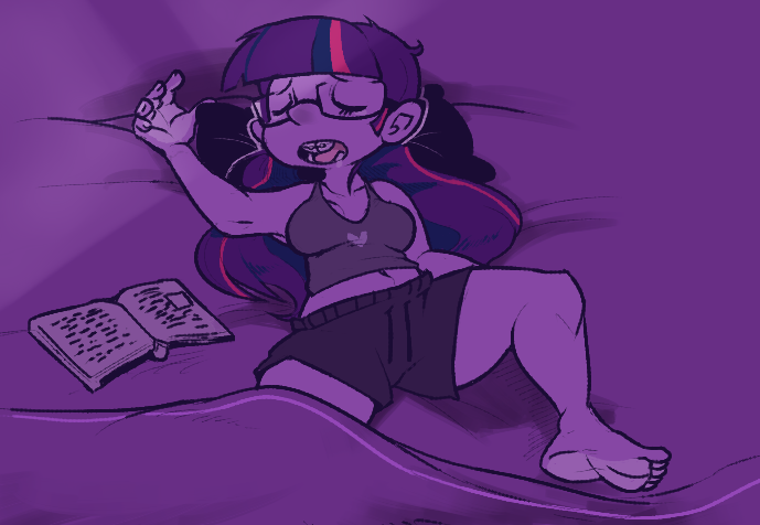 Size: 689x476 | Tagged: adorkable, armpits, artist:mangneto, barefoot, bed, braces, cute, derpibooru import, dork, drool, feet, glasses, human, humanized, pony coloring, safe, sleeping, solo, twilight sparkle