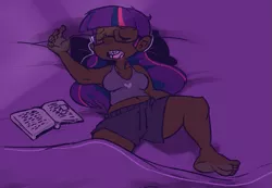 Size: 689x476 | Tagged: armpits, artist:mangneto, blacklight sparkle, braces, dark skin, derpibooru import, glasses, human, humanized, safe, silly, sleeping, solo, twilight sparkle