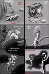 Size: 1024x1532 | Tagged: alligator, alternate scenario, applejack, artist:haretrinity, artist:pointlessgrimhoof, bad end, death, derpibooru import, distrust, elements of failure, fluttershy, friendship is magic, mane six, manny roar, manticore, misunderstanding, monochrome, nightmare moon, obsession, pain, panic, pinkie pie, rainbow dash, rarity, semi-grimdark, skeletal, skull, steven magnet, treason, twilight sparkle, undead, wraith