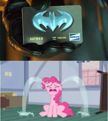 Size: 402x450 | Tagged: bat credit card, batman, batman and robin, credit card, crying, derpibooru import, nostalgia critic, obligatory pony, ocular gushers, pinkie pie, safe