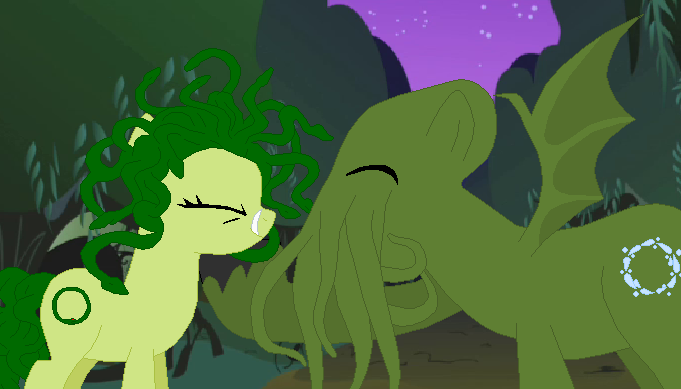 Size: 681x389 | Tagged: safe, artist:selenaede, derpibooru import, ponified, gorgon, medusa, monster pony, pony, antagonist, cthulhu, deity lord, duo, eyes closed, female, image, lovecraftian deity, male, png, straight, tentacles, villainess, wings