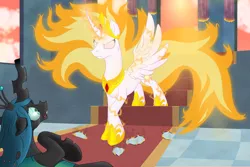 Size: 3000x2000 | Tagged: a canterlot wedding, alternate scenario, angry, artist:xonxt, badass, broken horn, chrysabuse, crying, curved horn, derpibooru import, fire, glowing eyes, hilarious in hindsight, now you fucked up, prime celestia, princess celestia, queen chrysalis, safe, sharp horn, smiting, this will end in incineration