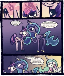 Size: 1487x1770 | Tagged: safe, artist:foxy-noxy, derpibooru import, princess celestia, princess luna, twilight sparkle, twilight sparkle (alicorn), alicorn, pony, accessory swap, caught, comic, coup, fake cutie mark, female, floppy ears, frown, hypocrisy, hypocritical humor, looking back, magic, mare, revolution, role reversal, roleplaying, unamused, wide eyes