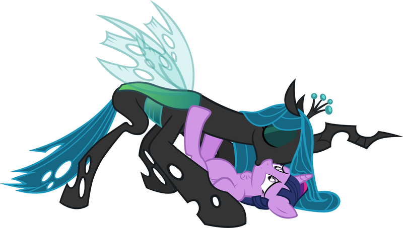 Size: 2808x1594 | Tagged: questionable, artist:badumsquish, derpibooru import, queen chrysalis, twilight sparkle, pony, unicorn, belly, egg, female, gulp, image, impregnation, kissing, lesbian, oral, oviposition, png, preglight sparkle, show accurate, show accurate porn, twisalis