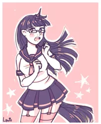 Size: 496x612 | Tagged: artist:lawiachan, clothes, derpibooru import, glasses, horned humanization, human, humanized, miniskirt, safe, sailor uniform, schoolgirl, school uniform, skirt, solo, stockings, tailed humanization, thigh highs, twilight sparkle