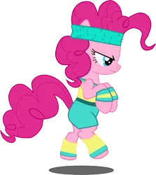 Size: 1725x1934 | Tagged: safe, artist:echoes111, derpibooru import, pinkie pie, pony, bipedal, clothes, exercise, headband, leg warmers, shorts, solo, sports, workout, workout outfit, wristband