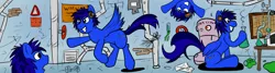 Size: 2542x682 | Tagged: safe, derpibooru import, oc, unofficial characters only, pegasus, pony, beakers, blue, chemistry, clones, cutie mark, fuzzywuff, grin, headphones, lab, laboratory, pixeltripper, replica, smoke, spill, toon, tubes, warning, wings