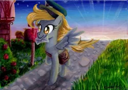 Size: 1024x723 | Tagged: safe, artist:linkslove, derpibooru import, derpy hooves, pegasus, pony, acrylic painting, cap, female, hat, letter, mailbag, mailbox, mare, rose, solo, sunrise, traditional art