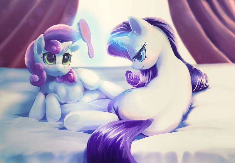 Size: 1500x1036 | Tagged: safe, artist:apricolor, derpibooru import, rarity, sweetie belle, pony, unicorn, beautiful, bed, bedroom eyes, blushing, brushie, comb, curtains, female, filly, grooming, magic, mare, plot, side, sisters, smiling