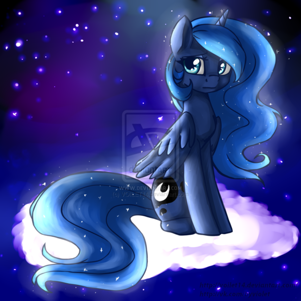 Size: 1024x1024 | Tagged: dead source, safe, artist:voilet14, derpibooru import, princess luna, alicorn, pony, cloud, deviantart watermark, female, mare, obtrusive watermark, s1 luna, sitting, solo, watermark