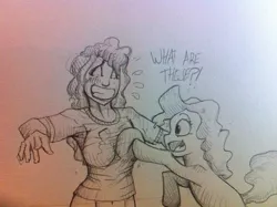 Size: 600x448 | Tagged: artist:thebestjojo, breast fondling, breast grab, breasts, busty pinkie pie, derpibooru import, dialogue, female, grope, human, humanized, human ponidox, monochrome, pinkie pie, suggestive, traditional art