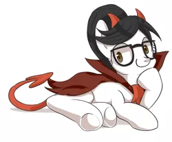 Size: 600x497 | Tagged: artist:sion, clothes, costume, derpibooru import, devil, glasses, hooves, safe, solo, underhoof, writing desk