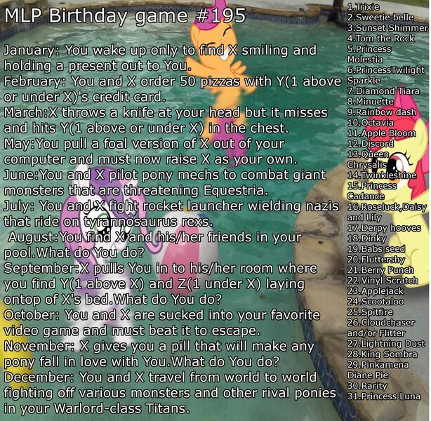 Size: 1659x1620 | Tagged: apple bloom, applejack, birthday game, derpibooru import, discord, exploitable meme, fluttershy, lightning dust, pinkamena diane pie, pinkie pie, rainbow dash, rarity, safe, scootaloo, sunset shimmer, sweetie belle, trixie, twilight sparkle