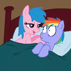 Size: 500x499 | Tagged: safe, artist:jcking101, artist:madmax, derpibooru import, edit, firefly, rainbow blaze, pony, aftersex ponies, bed, female, fireblaze, g1, implied sex, male, morning after, pillow, recolor, shipping, straight, surprised, wide eyes