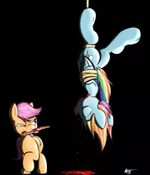 Size: 1280x1493 | Tagged: grimdark, artist:amazin-a, banned from derpibooru, deleted from derpibooru, derpibooru import, rainbow dash, scootaloo, blood, dashabuse, death, hung upside down, image, knife, murder, png, rainbond dash, rope, slit throat, suspended, tied up, upside down