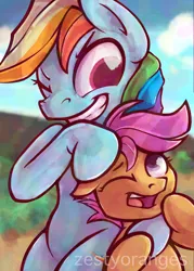 Size: 700x980 | Tagged: artist:zestyoranges, derpibooru import, noogie, portrait, rainbow dash, safe, scootaloo, scootalove