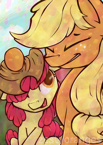 Size: 700x979 | Tagged: accessory swap, apple bloom, applejack, artist:zestyoranges, derpibooru import, safe, sisters